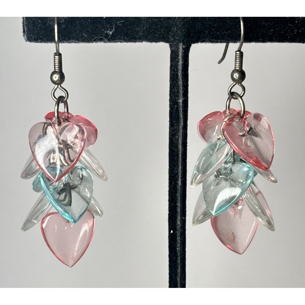 Vintage Lucite Pink Blue Puffy Heart Silver Tone Dangle Earrings Pierced 2" Drop